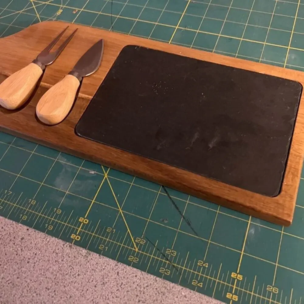 Wine Bottle Shaped Cheese Board with Slate Insert and Knives – New